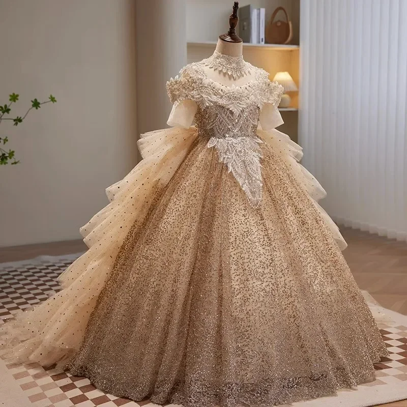 Vestido formal da menina princesa novo floral crianças fofo anfitrião de casamento piano desempenho traje vestidos da menina de flor