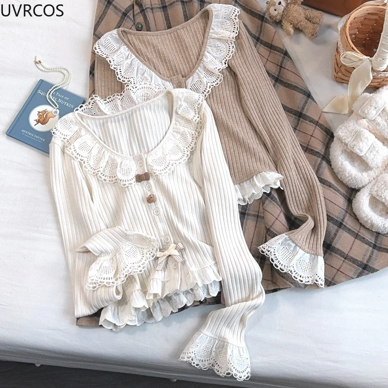 Sweet Lolita Style Short Cardigan Women Kawaii Lace Patchwork Ruffles Bow Knitted Coat Korean Fashion Chic Buttons Cute Crop Top