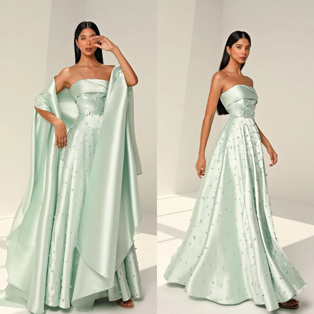 

Evening Sexy Casual Satin Beading Draped Pleat Clubbing A-line Strapless Bespoke Occasion Gown Long Dresses