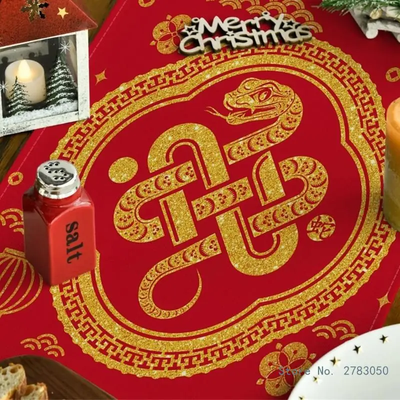 Zodiacs Snake 2025 Table Runner Tablecloth for Spring Festival and New Years Celebration Home Decoration