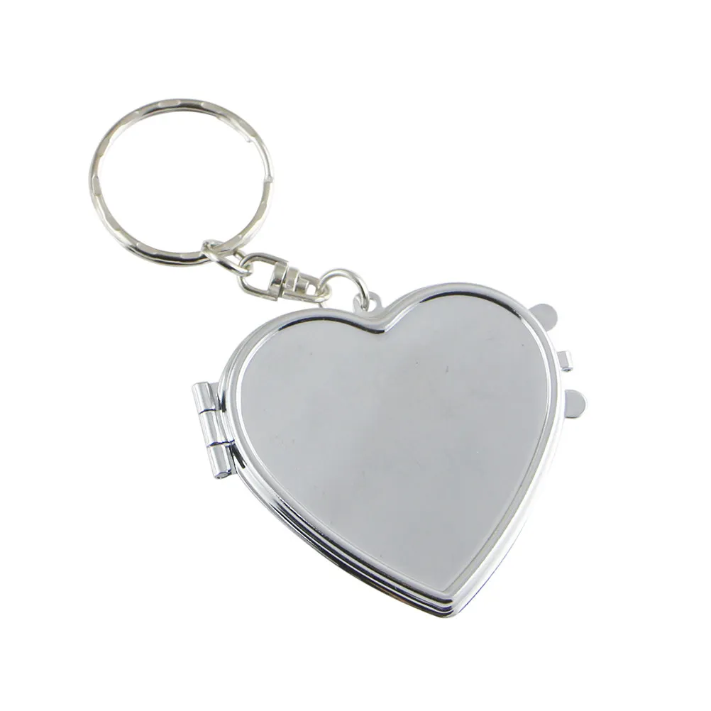 Double-Side Folding Mini Pocket Mirror Keychain Silver Heart Shape Compact Mirror Keyring Portable Gift