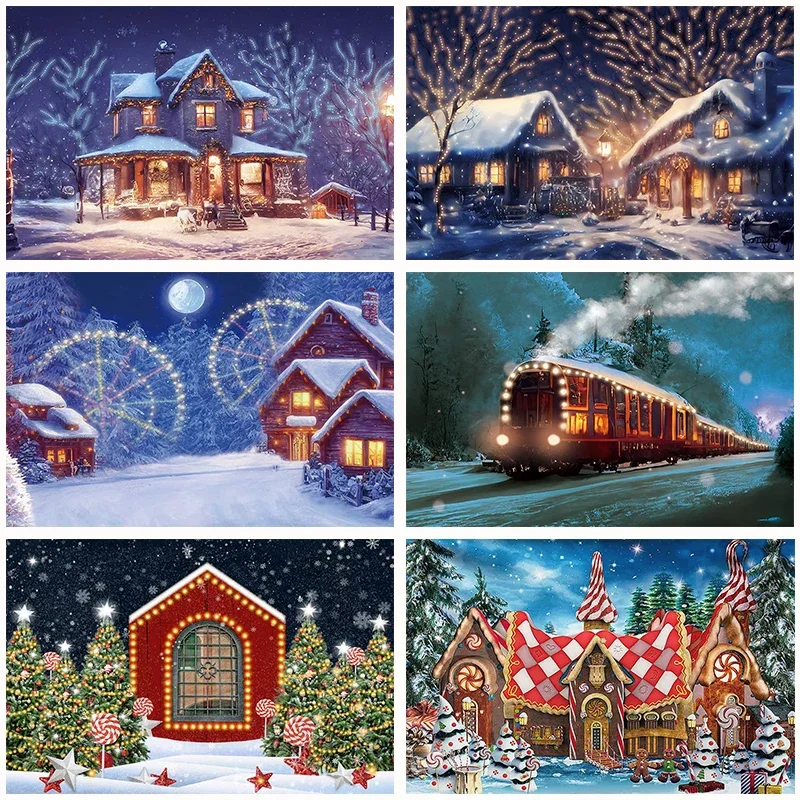 Christmas Gift Shop Snow House Photography Background Santa XMAS Tree New Year Backdrop Wreath Studio Prop Home Party Banner