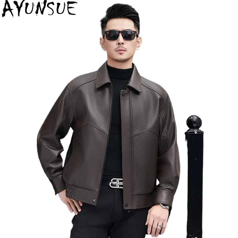 

AYUNSUE High Quality Real Sheepskin Men Leather Jacket Turn Down Collar Short Genuine Leather Jackets Man Thin Motorcycle Coats