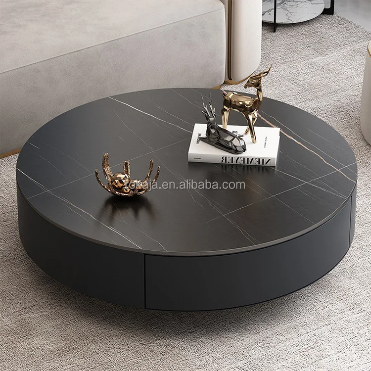 

Simple slate round coffee table stainless steel base center table with drawers hotel living room glass side table combination