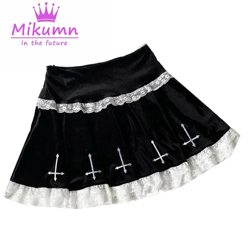 Mikumn Harajuku Gothic Lolita Style Mini Skirt Y2k Punk Women Black White Lace Cross Embroidery High Waist Pleated Skirt Saias