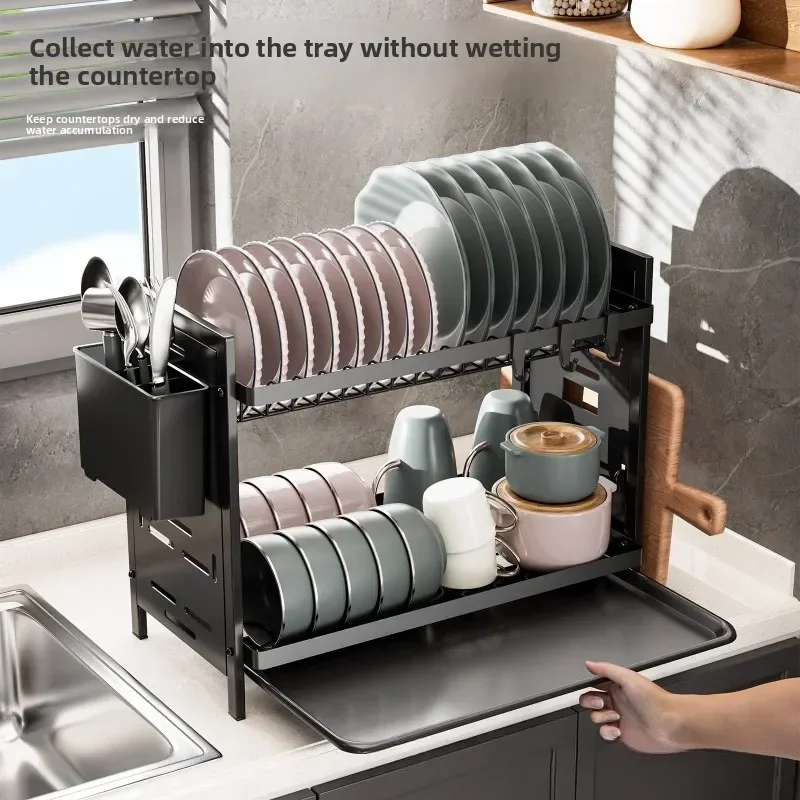 countertop next to the sink, tableware, chopsticks, knives and forks, dishes, tableware rack, hole board, dishes, drain rack