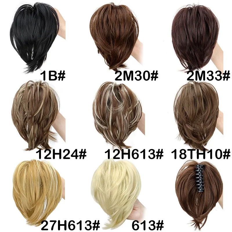 Postizo de cabello sintético con pinza de garra moño para mujeres liso corto extensión de cola alta despeinado para chicas 2