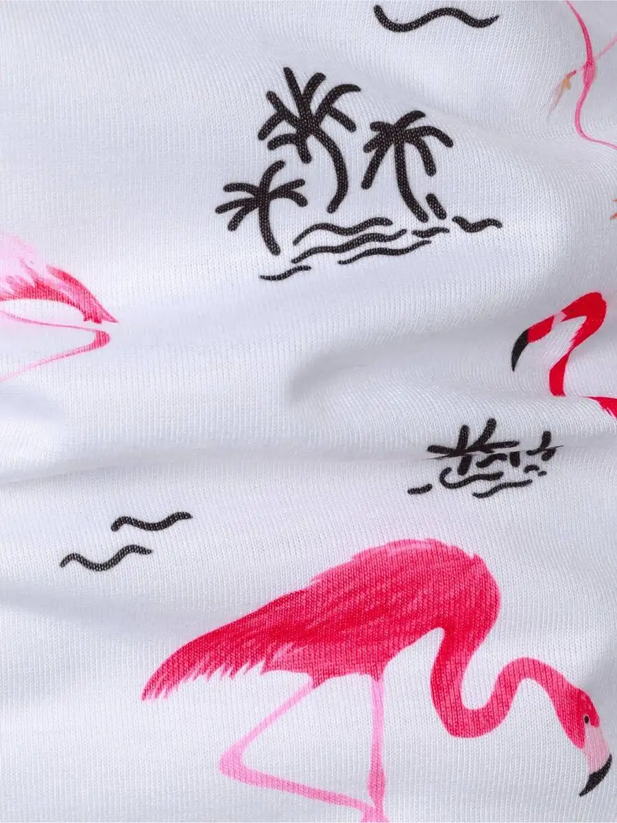 Camisa Casual con Estampado de Palmeras y Flamencos Rosas para Hombre, Ropa de Playa para Vacaciones de Verano