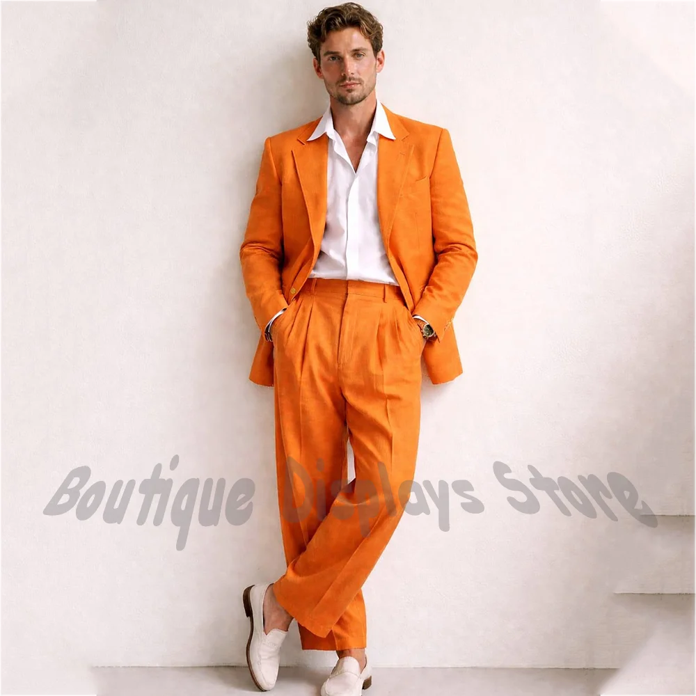 2026 Summer Linen Orange Men 2 Piece Suit Notch Lapel Pleated Wide Leg Trousers Set Solid Color Lightweight  Casual Formal Outfi