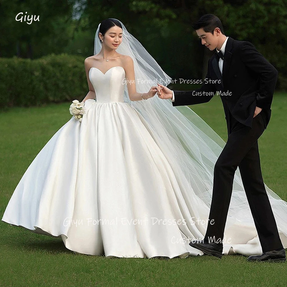 Giyu Sweetheart Thick Satin Korea Wedding Dresses Princess Simple Floor Length Bridal Gowns Corset Back Vestidos de noiva