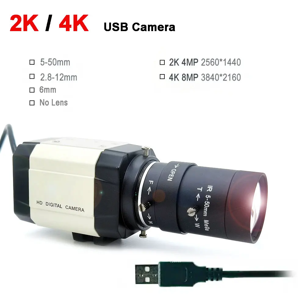 Industrial USB Webcam 4K  IMX415 2K F5253 Sensor PC Video Usb Camera UVC OTG With 5-50mm 2.8-12mm Varifocal Zoom Lens 6mm