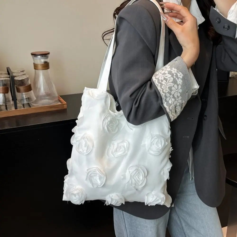 

Elegant White Flower Shoulder Bag Large Capacity Korean Flower Tote Bag Lightweight Fashion Nylon Cloth Handbag Summer