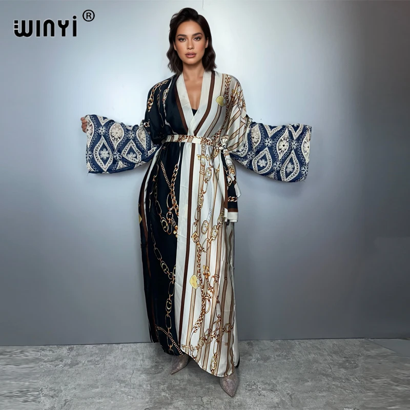 WINYI 着物風アフリカ風マキシ丈ワンピース ビーチウェア カバーアップ アバヤ ドバイ風ラグジュアリーカーディガン ビーチウェア レディース ホローカウボーイ袖コート