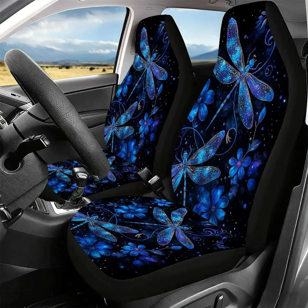 2pcs Sparkling Blue Dragonfly & Floral Car Seat Covers - High Back Design, Durable Polyester, Fit For Cars, SUVs, Trucks, Women'
