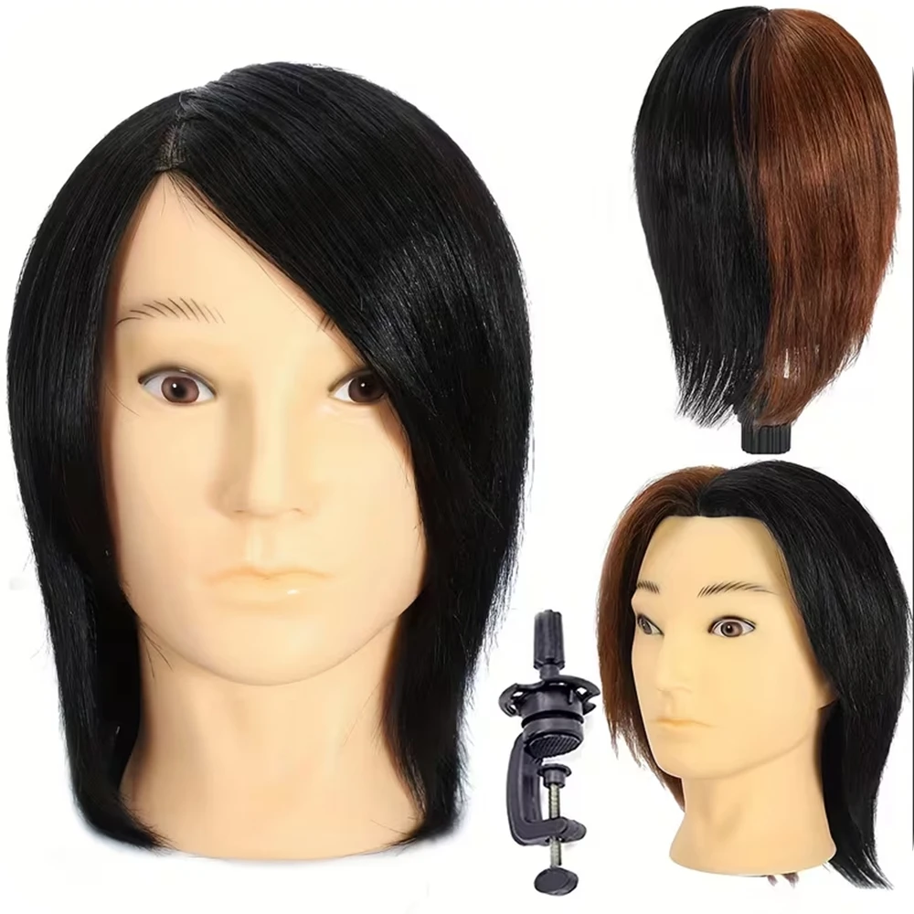 Cabeza de maniquí masculino con 100% cabello humano Real negro para práctica de peluquería, entrenamiento de cosmetología, cabeza de muñeca para