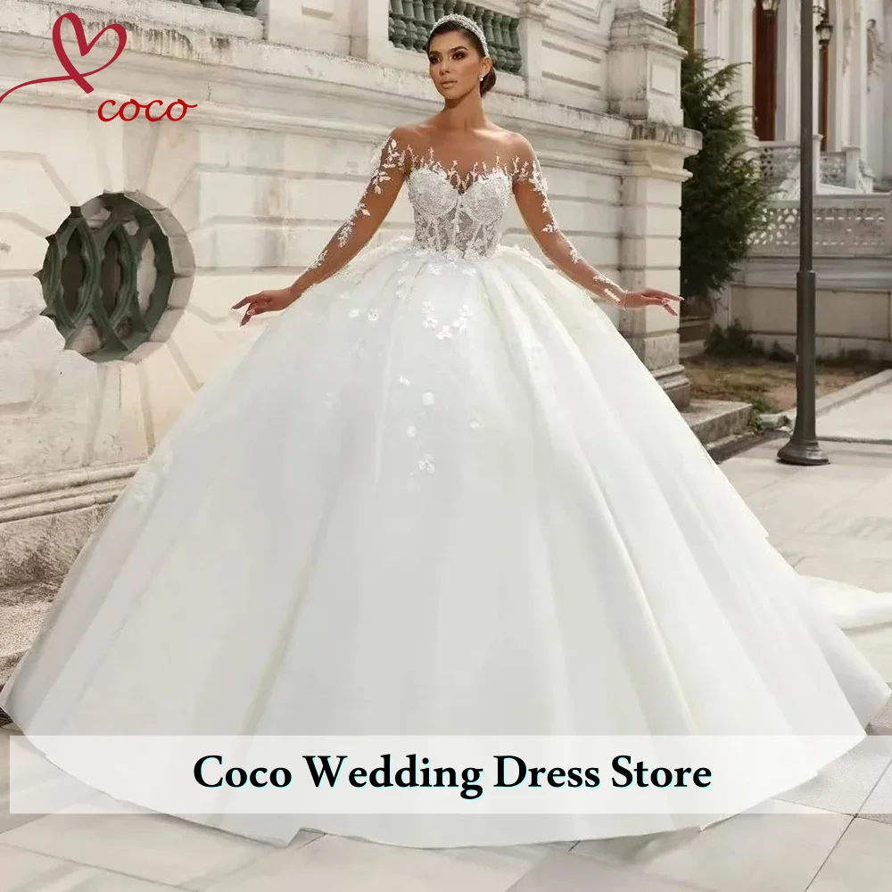 Customized Romantic Scoop Neck Long Sleeve Ball Gown Wedding Dress Exquisite Beading Appliques Flowers Princess Bridal Gown