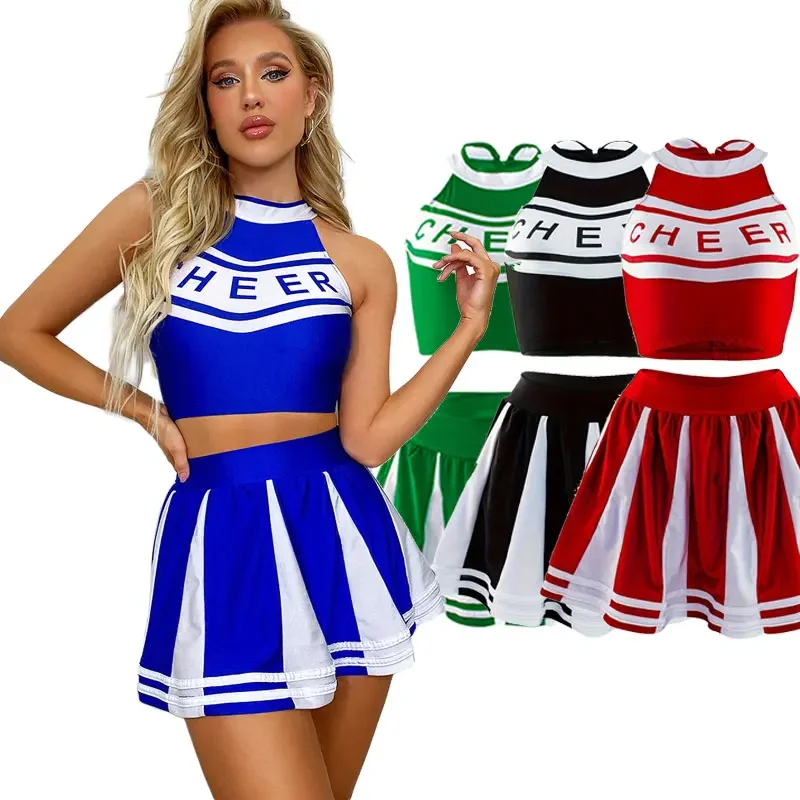 

Women High School Cheerleader Costume Stage Performance Clothes Cosplay Top with Mini Pleated Skirt Student Sports Uniform