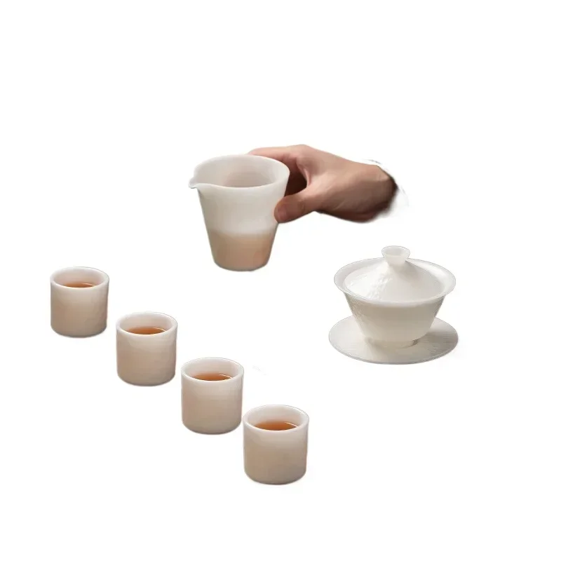 High-End Chinese Suet Jade Warm Ceramic Tea Set Solid Color Tea Brewing Kit Elegant Gift for Tea Lovers
