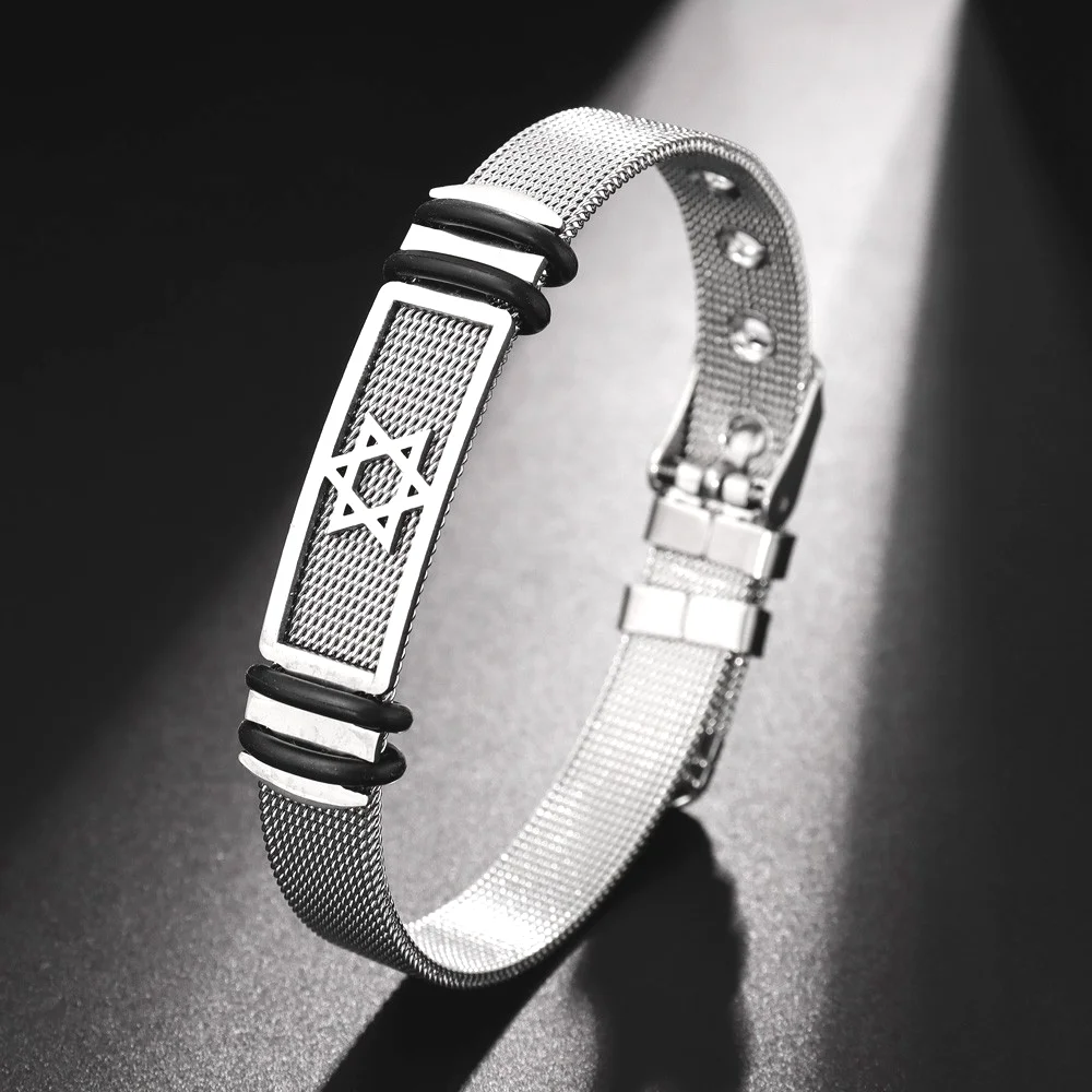 Trendy Stainless Steel Hexagram Leather Bracelet Charm Men's Bracelet Hip Hop Punk Accessories Jewelry Gift Wholesale