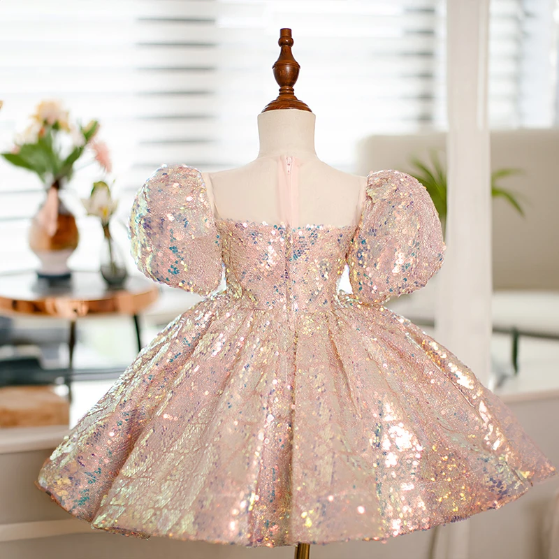 

Toddler Girls Princess Short Evening Ball Gowns Kids Pageant Party Dress Children Luxury Gala Christmas Pink Sequin Dresses