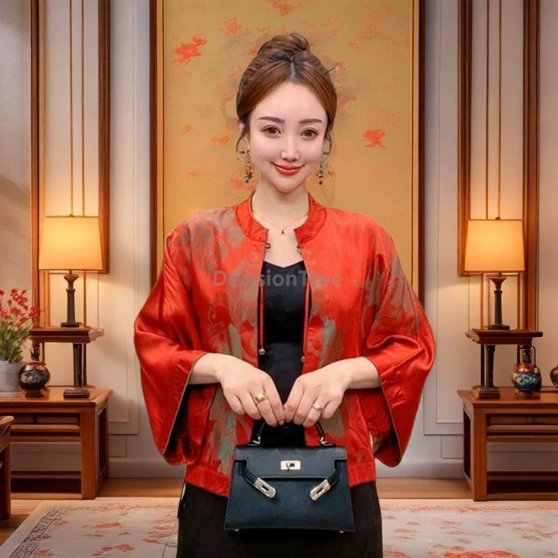2025 weaving flowers chinese shirt temperament women's tang suit top loose round collar disc buckle leisrue elegant daily coat
