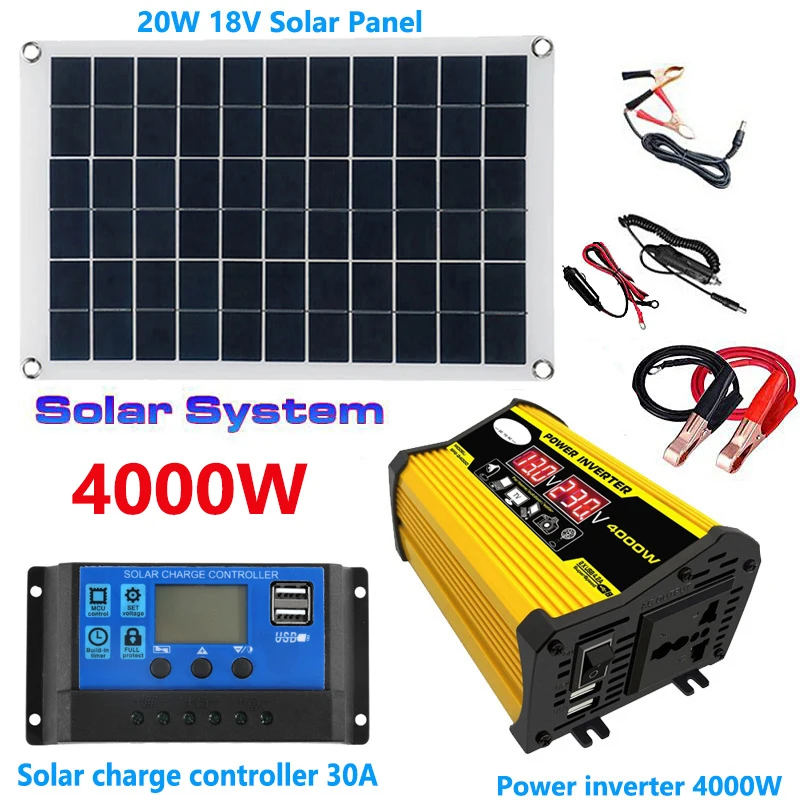 12V to 110V/220V Solar Panel System 20W Solar Panel+30A Charge Controller+4000W Modified Sine Wave Inverter Power Generation Kit