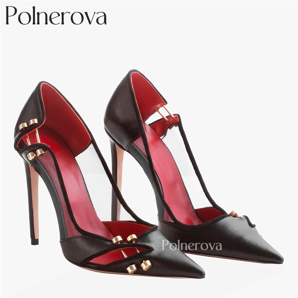 Mesh Pin Buckle High Heels for Women Sexy Style Black Leather Metal Accessories Pumps Luxury Designer Style Handmade High Heels