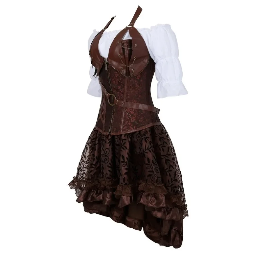 Steampunk Leather Corset Dress Gothic Pirate Bustier Top Renaissance Blouse With Skirt 3 Pieces Set Burlesque Halloween Costume