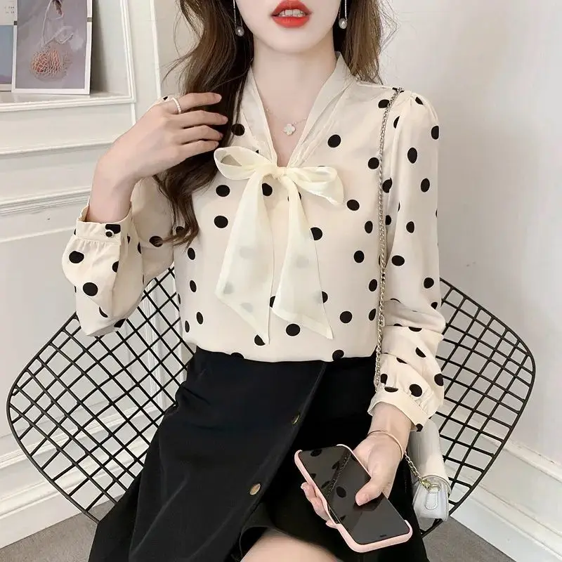 Polka Dot Chiffon Shirt Women\'s 2023 Spring and Autumn New Korean Style Fashion Bow Ribbon Long Sleeve Chiffon Blouse Female