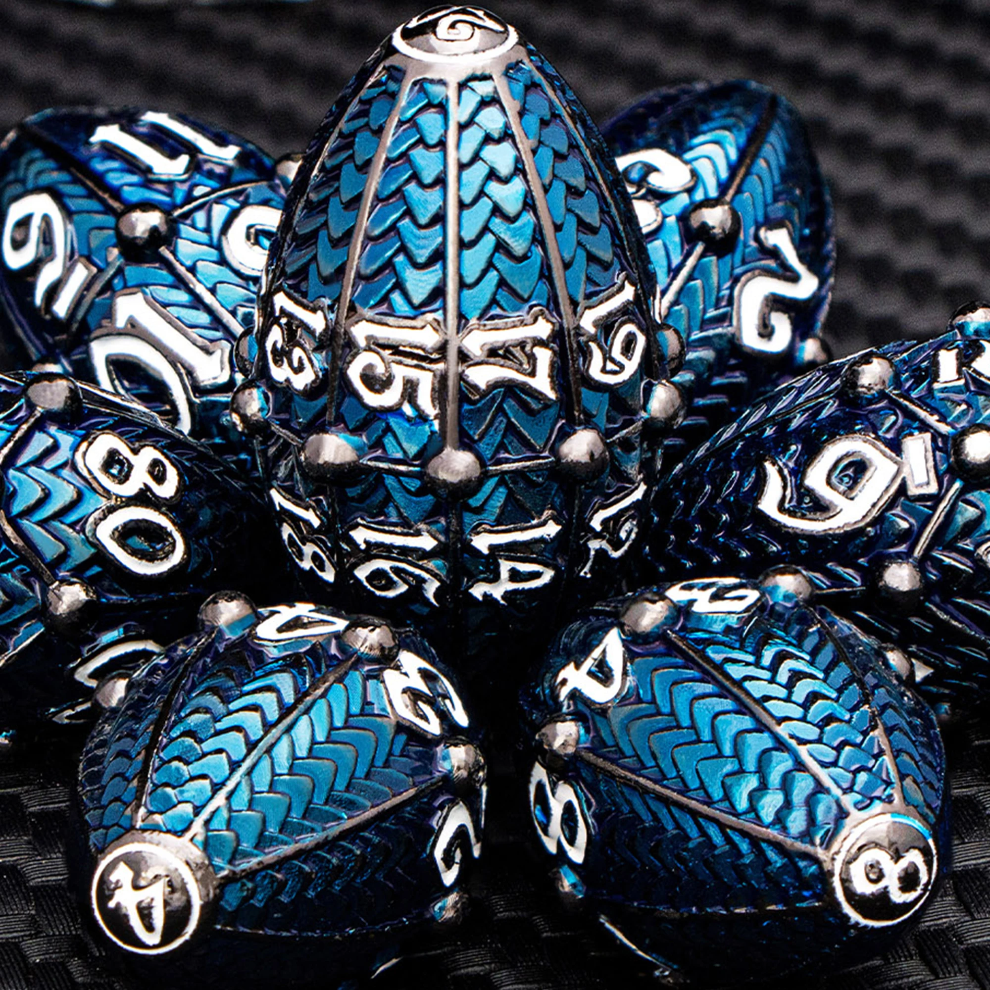 

7PCS Dragon Egg DND Metal Dice Set for D&D Dungeon and Dragon Table Role Playing RPG Polyhedral Black Nickel Blue D and D Dice