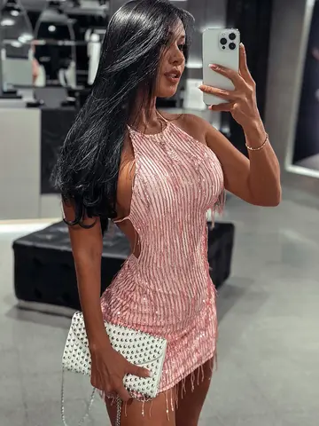 Kliou Tassel Patchwork Shiny Mini Dress Women Halter Bandage Stunning Backless Sleeveless Skinny Vestido Female Party Clubwear