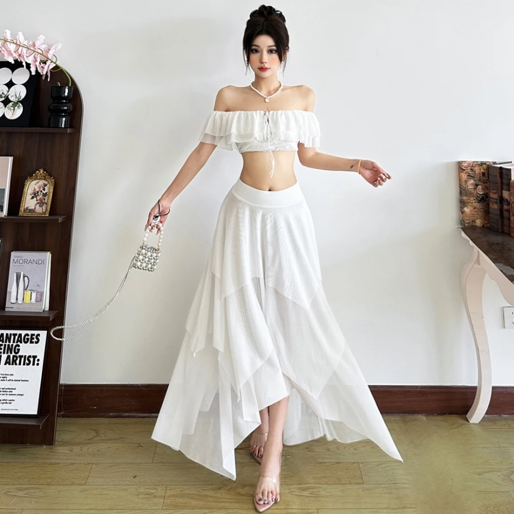 

SylCue Ruched Elegant 2 Piece Set Women Tierred Shirring Slash Neck Crop Tops+Irregular Long Skirts Birthday Party Style Outfits