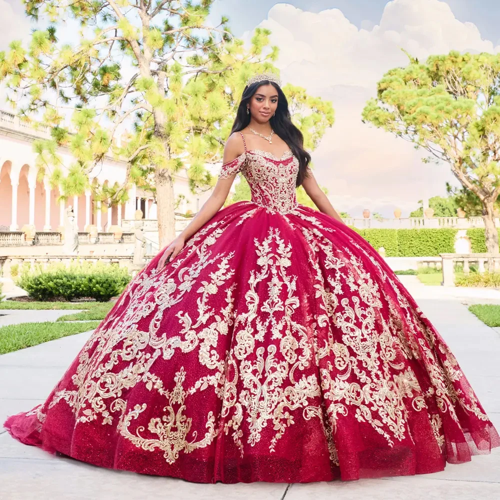 Robe Quinceanera de luxe avec appliques à paillettes, robe en tulle élégante, robe Sweet 16, train de balayage, anniversaire ouvert, éducatif, 15 ans