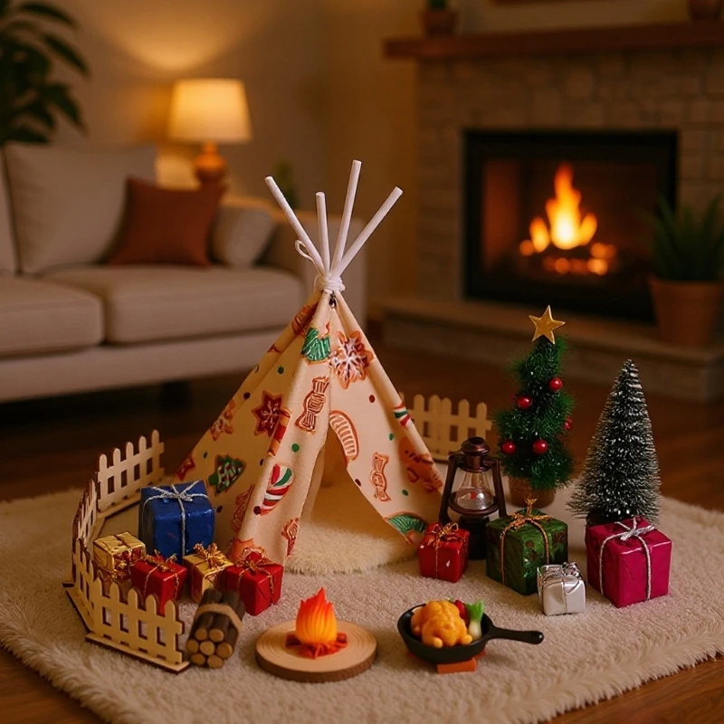 29-Piece Miniature Camping Set with Accents and a Printed Holiday Shelter for Detailed Christmas Display Building 15UB