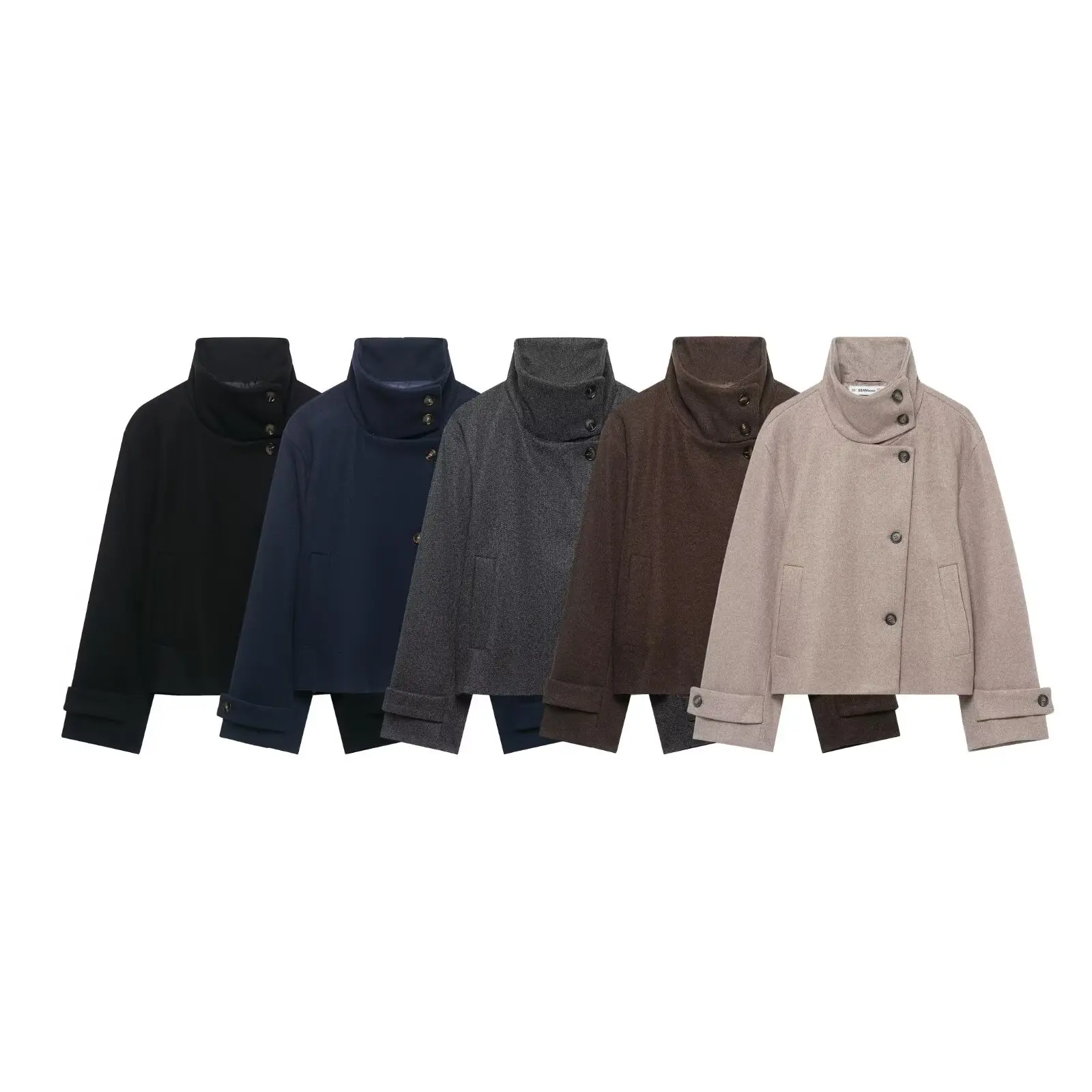 DUOPERI Women Multi-color Asymmetric Button Wool Blend Short Coat Stand Collar Long Sleeve Female Chic Lady Casual Outerwear