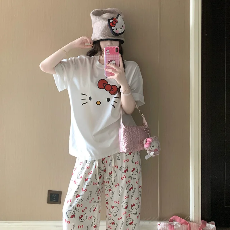 

Kawaii Hello Kitty Cartoon Pure Cotton Thin Pajamas Set Women Summer Anime Sanrio Girly Heart Cute Casual Home Clothing Set