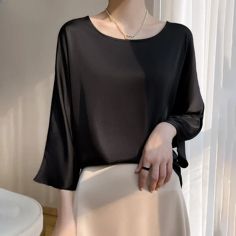 New High Quality Summer Elegant O-neck Plus Size Silk Satin Blouse Women Shirts Office Ladies Loose Tops Haut Femme 6 Colors