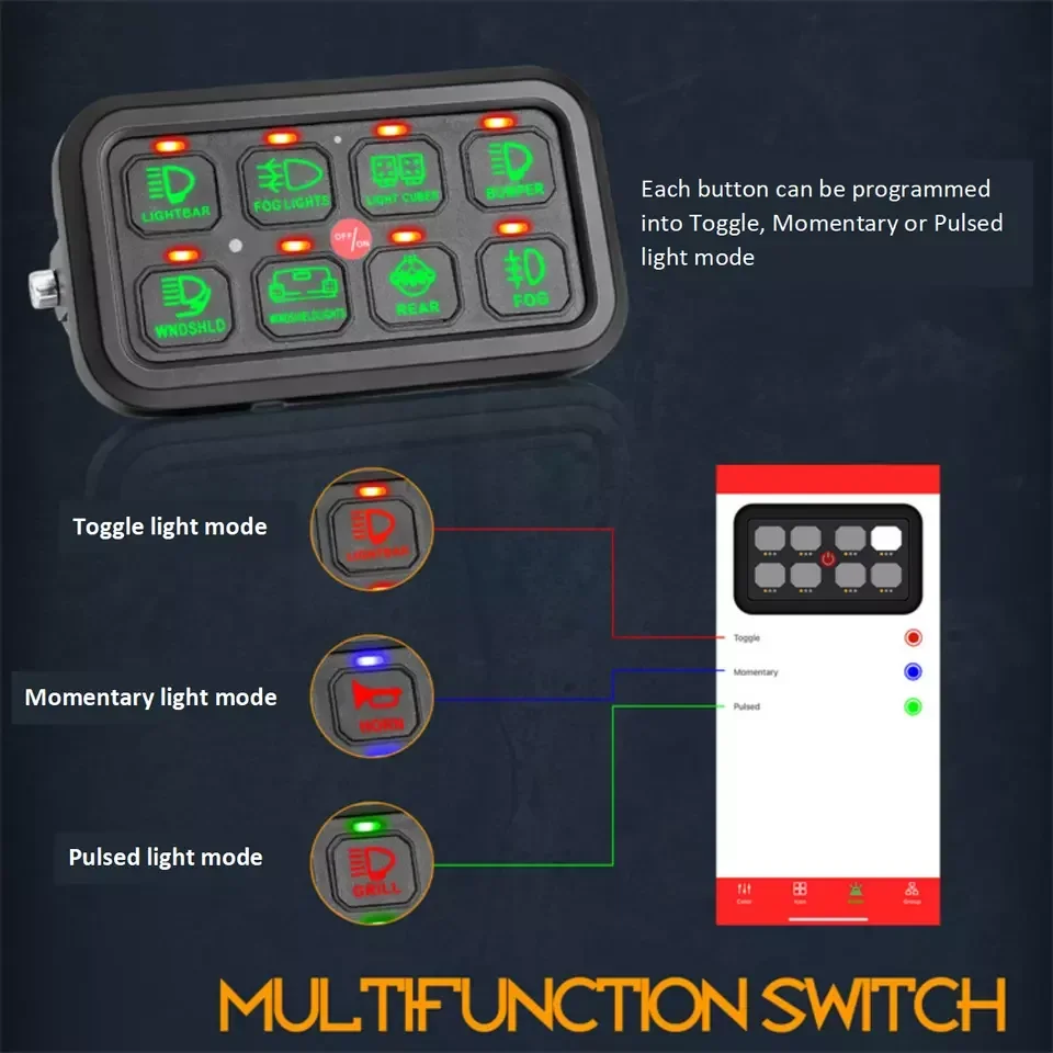 NEWEST DC 12V 24V TOGGLE MOMENTARY PULSED 8 GANG MULTIFUNCTION LED RGB SWITCH CONTROL PANEL SYSTEM WITH PHONE APP CONTROL