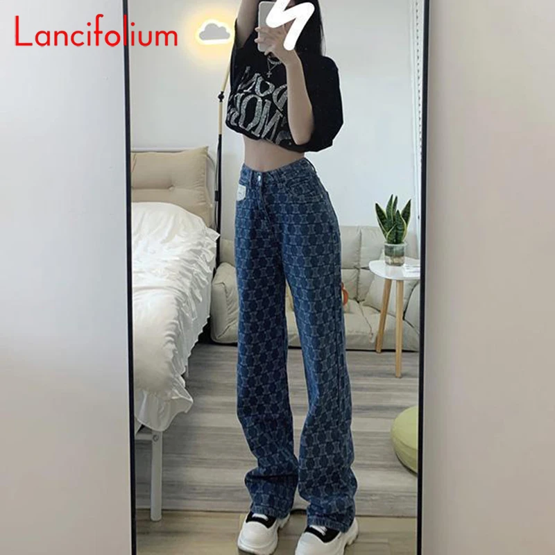 Streetwear Blue Plaid Denim Pants Summer Thin Korean Vintage Harajuku Print Baggy Wide Leg MAXI Straight Jeans Pants Women 2022