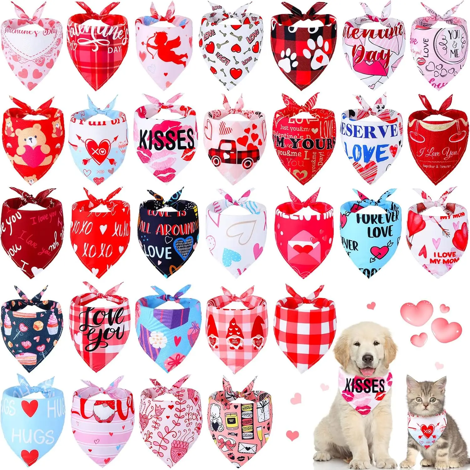 

30pcs/ Pack Valentine's Day Dog Bandanas Heart Floral Triangle Bibs Scarf Neckerchief Scarf Bandana For Dogs Cats Pet