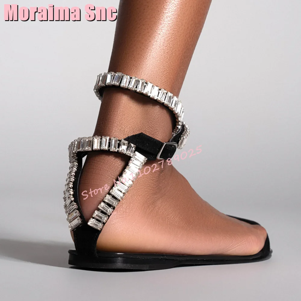 Luxury Crystal Detailing Flat With Sandals Round Open Toe Ankle Buckle Strap Sexy Fashion Women\'s Dress Shoes 2024 New Black