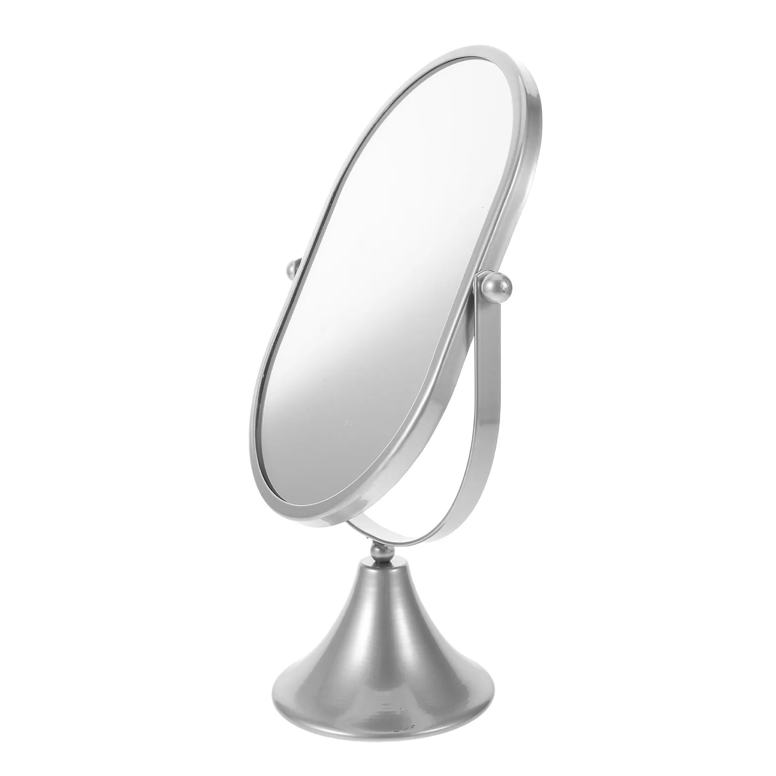 Decorative Oval Vanity Mirror Silver Metal Construction Standing Desktop Makeup Mirror for Dorm Office Bedroom Dressing Table