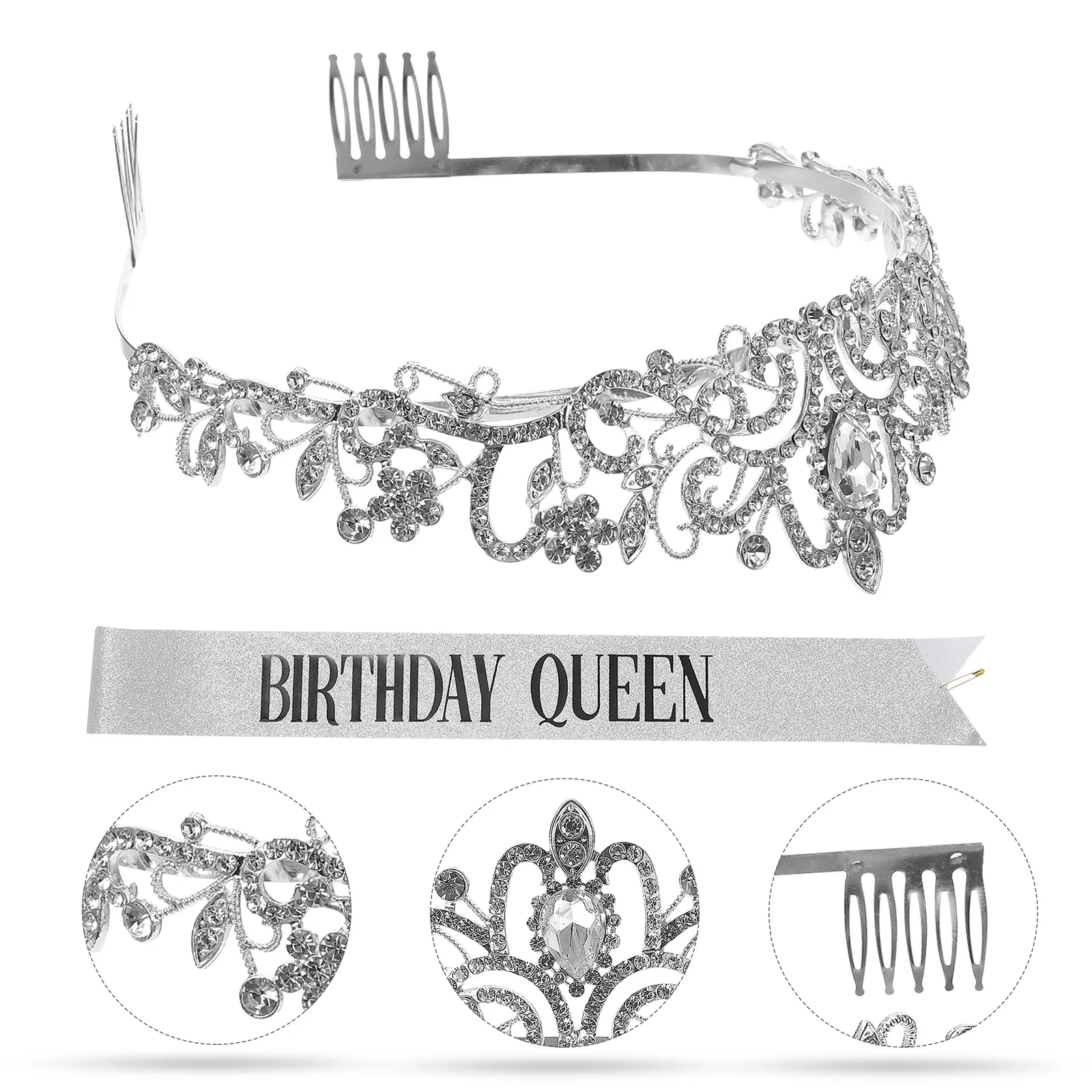

2pcs Crown With Sash Rhinestone Tiara Birthday Party Supplies Alloy Crown Party Headband Hair Accessory For