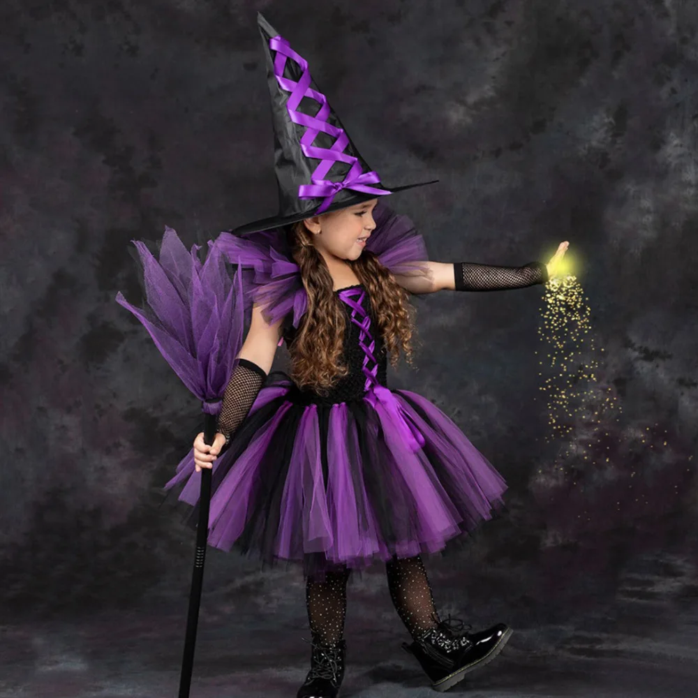 Halloween Children Witch Cosplay Costume Gauze Dress Girl Stage Show Mini Dress Sets Holiday Party Clothes Mesh Princess Dresses