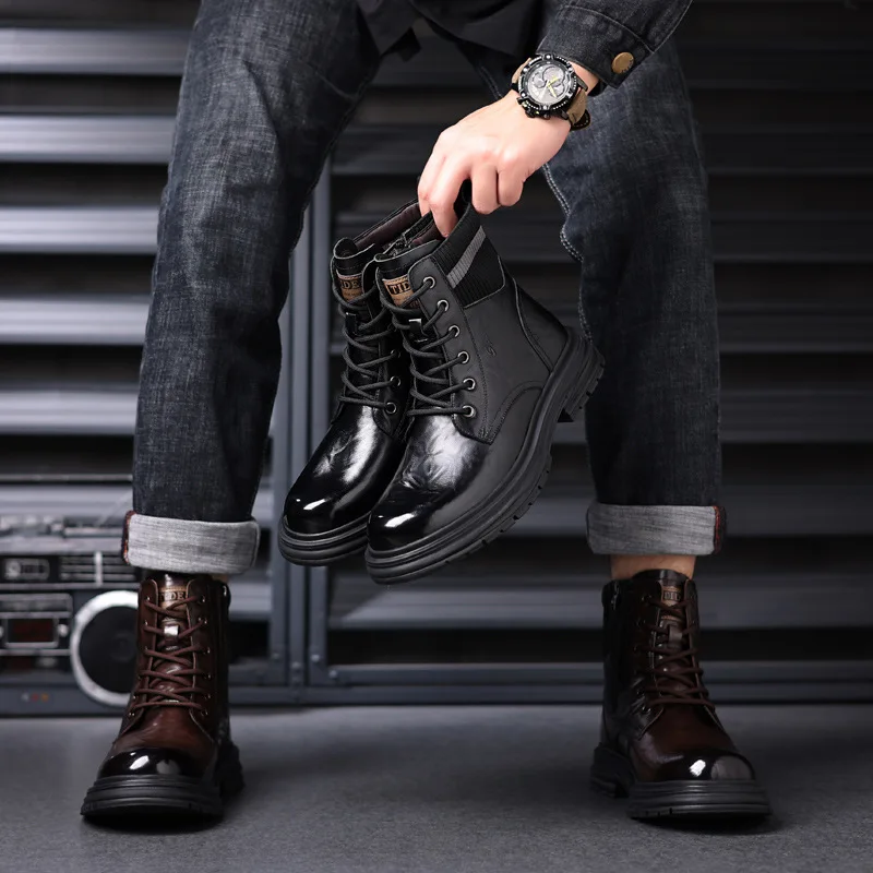 men's fashion stage nightclub platform boots black brown autumn winter shoes cowboy natural leather boot handsome ankle botas