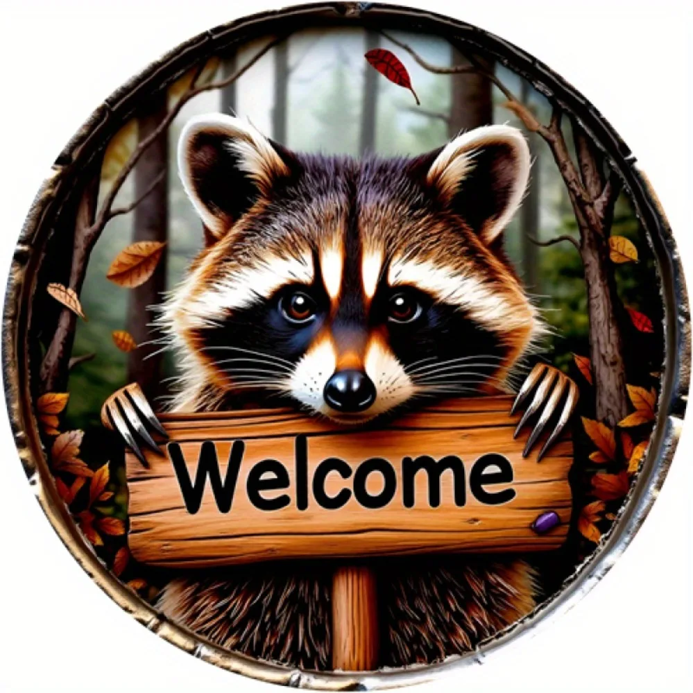 2D Metal Sign, Retro Raccoon Welcome Metal Sign, 8.0x8.0 Inch Round Wall Decor for Home Garden Kitchen Bar Cafe Garage, Function