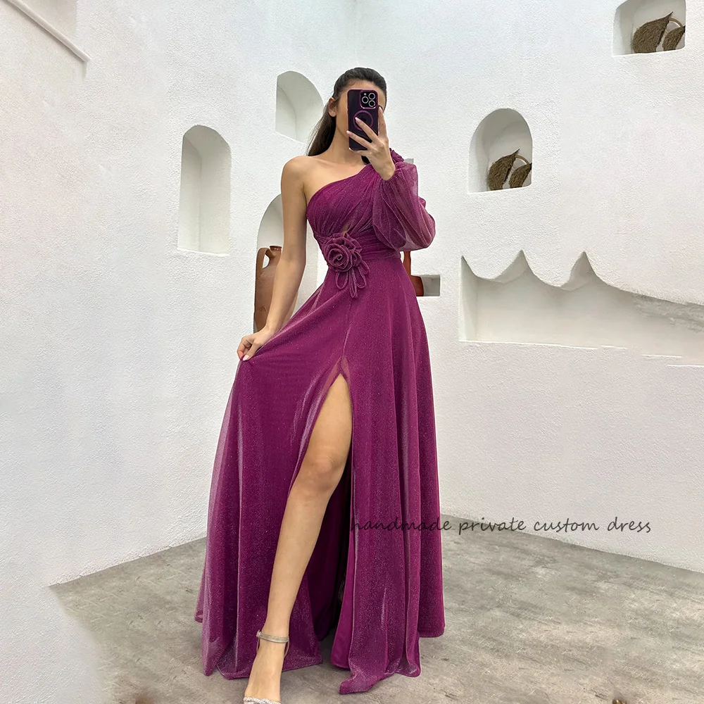 

Purple One Sleeve Prom Party Dresses Side Split Handmade Flower Evening Party Gowns Floor Length Celebrate Event Dress