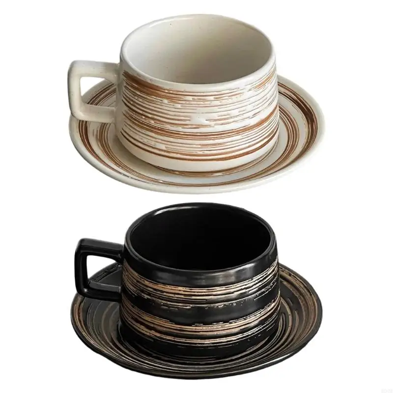 Tea Cup Set With Matching Dish, Striped Drinkware for Coffee Corner and Afternoon Tea Table, 1 Cup for Home Serving B03E