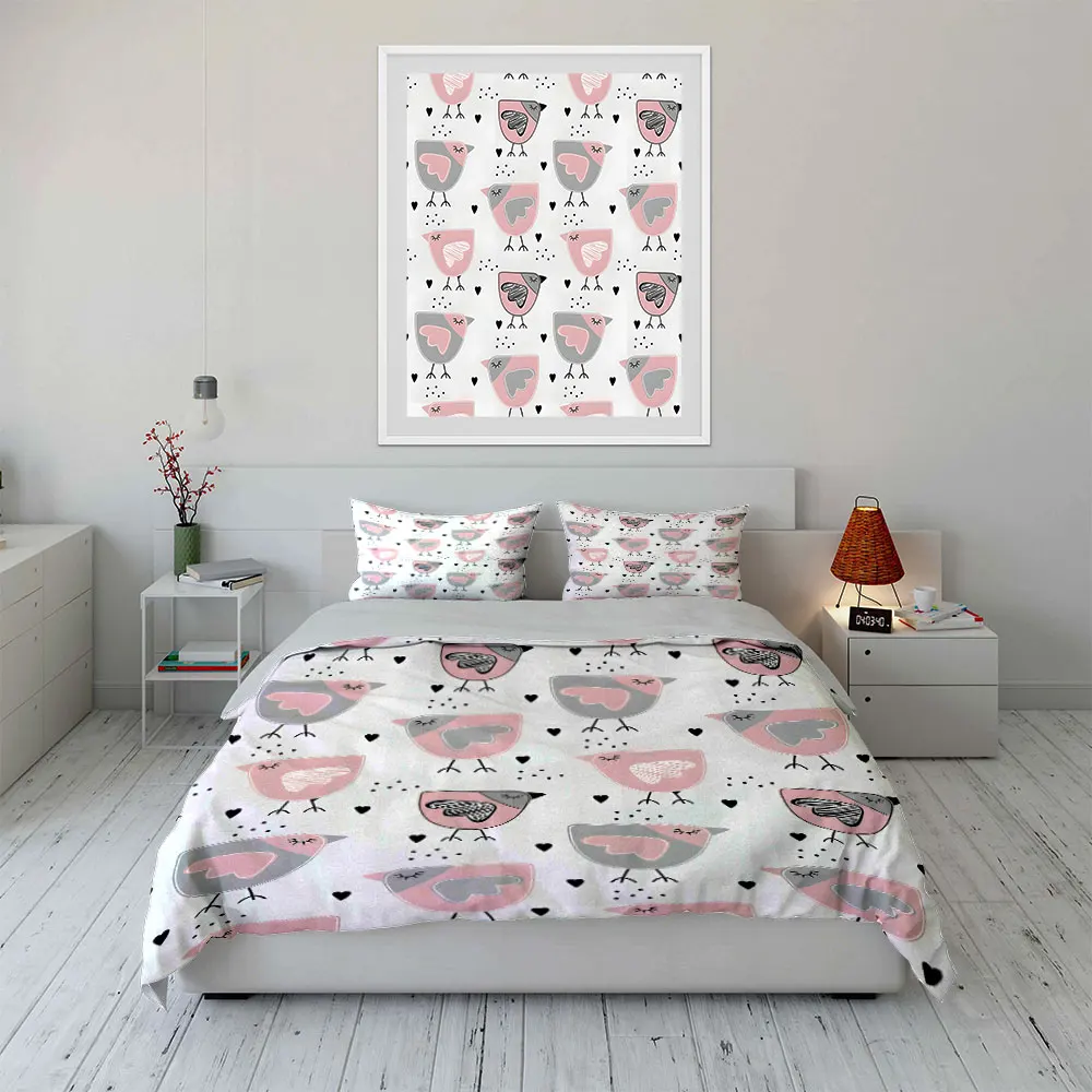 3pcs Pink birds with heart patterns Print Soft Comfortable Duvet Cover Bedding Set Included 1*Duvet Cover 2*Pillowcases 4