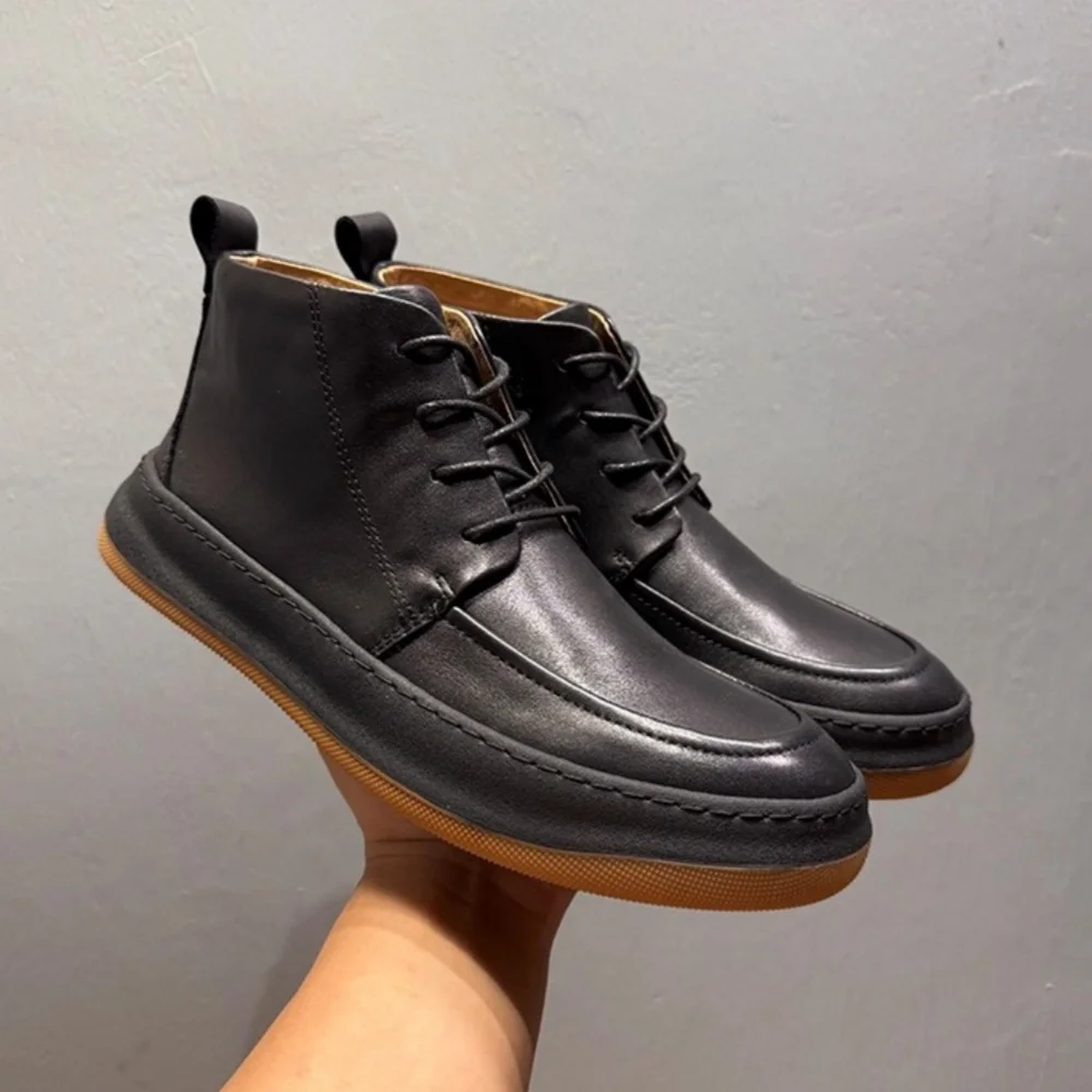 

QHCCID Retro Cowhide Leather Workwear Shoes for Men's High Top Height Increasing Shoes Genuine Leather Business Casual Male